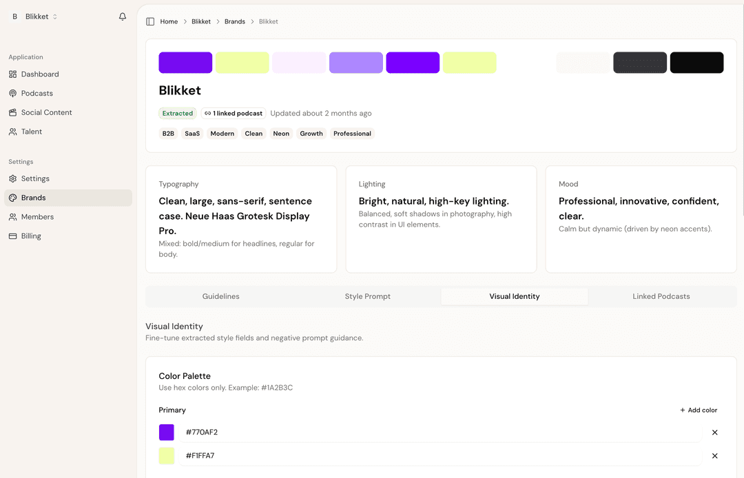 Brand kit settings panel showing locked color palette, typography tokens, logo placement, and caption preset selector