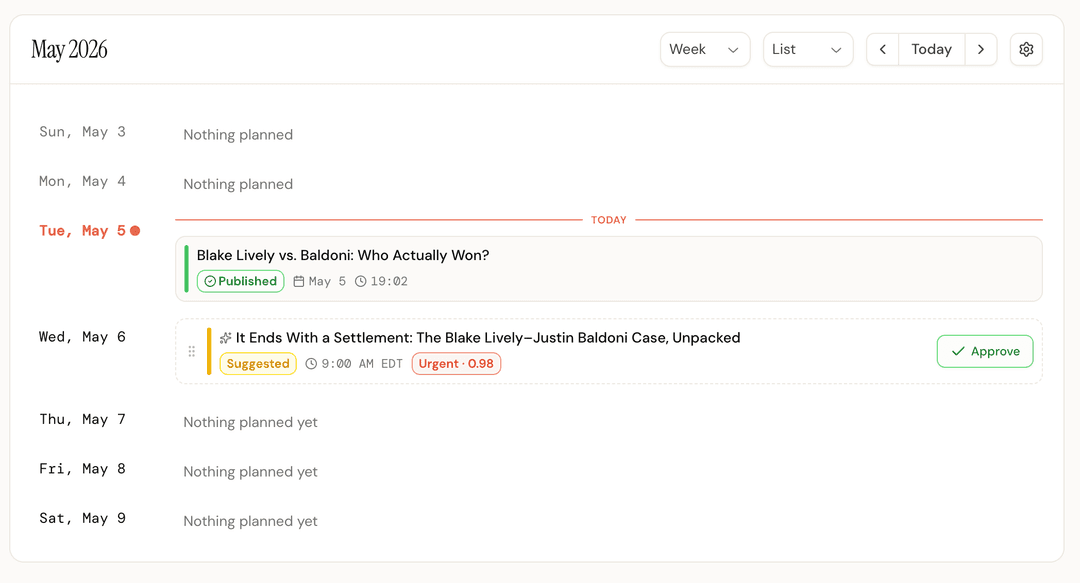 Calendar showing episode pill being dragged to a new date, with the stagger campaign auto-rebalancing around it
