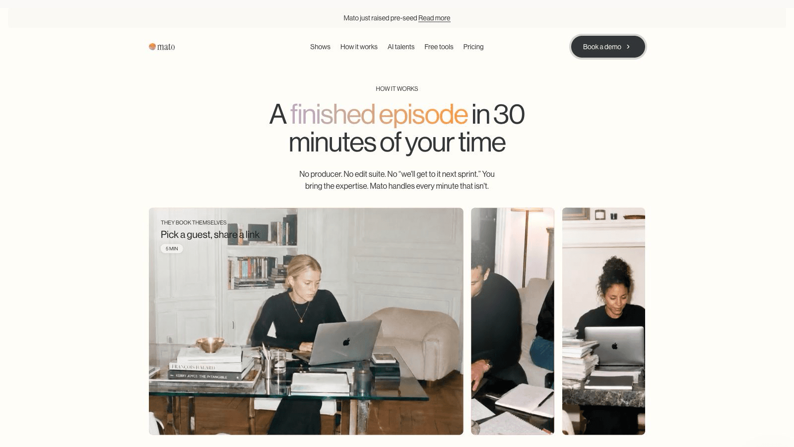 Mato's How It Works page with the three workflow films
