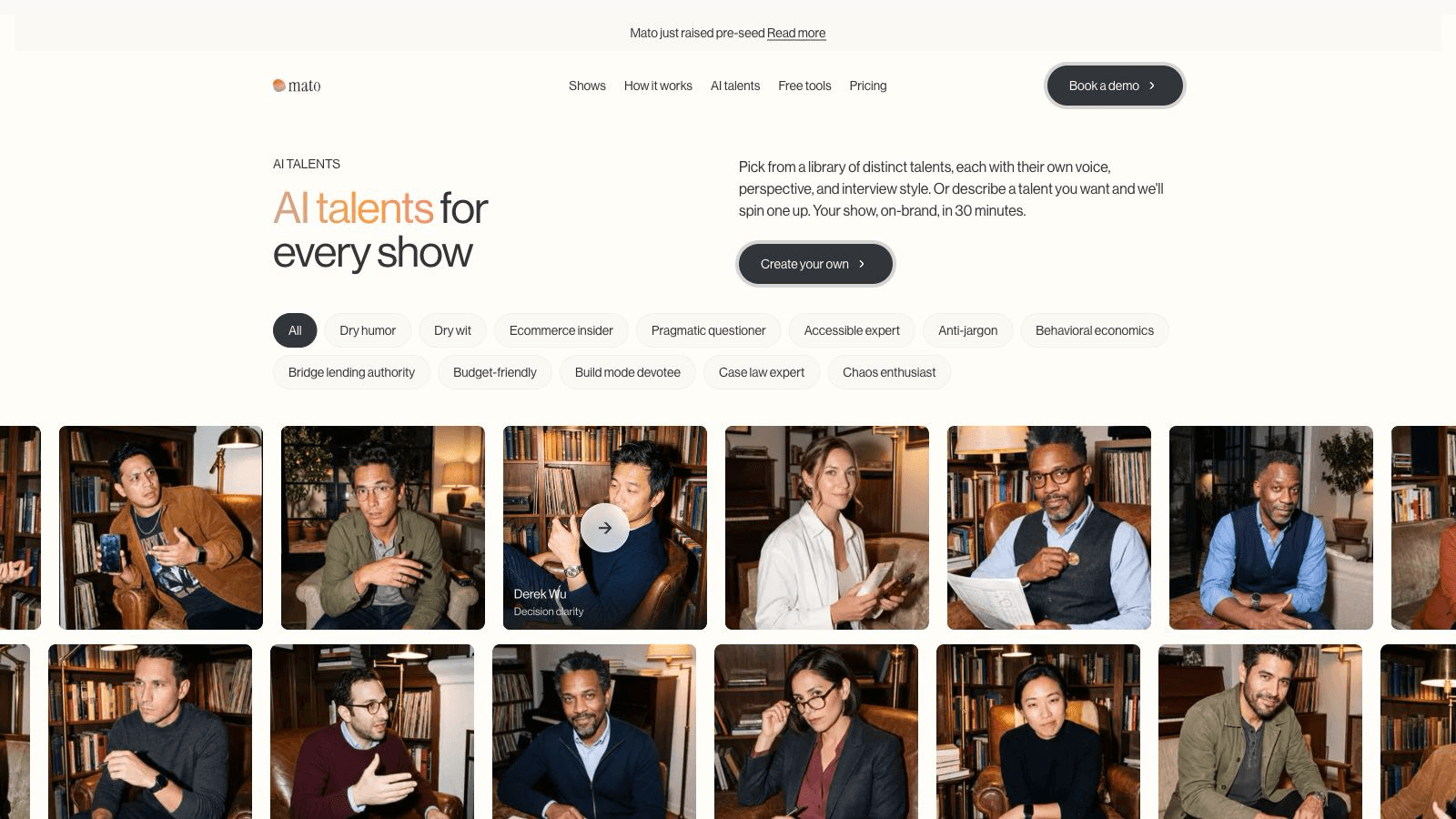 The Mato AI talent library with a motion preview active on Derek Wu