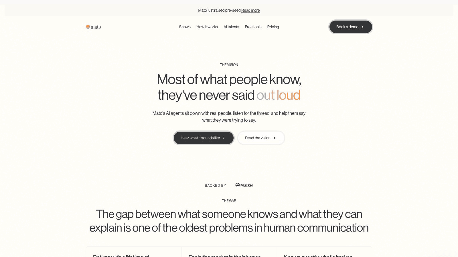 Mato's new vision page with the line Most of what people know, they've never said out loud