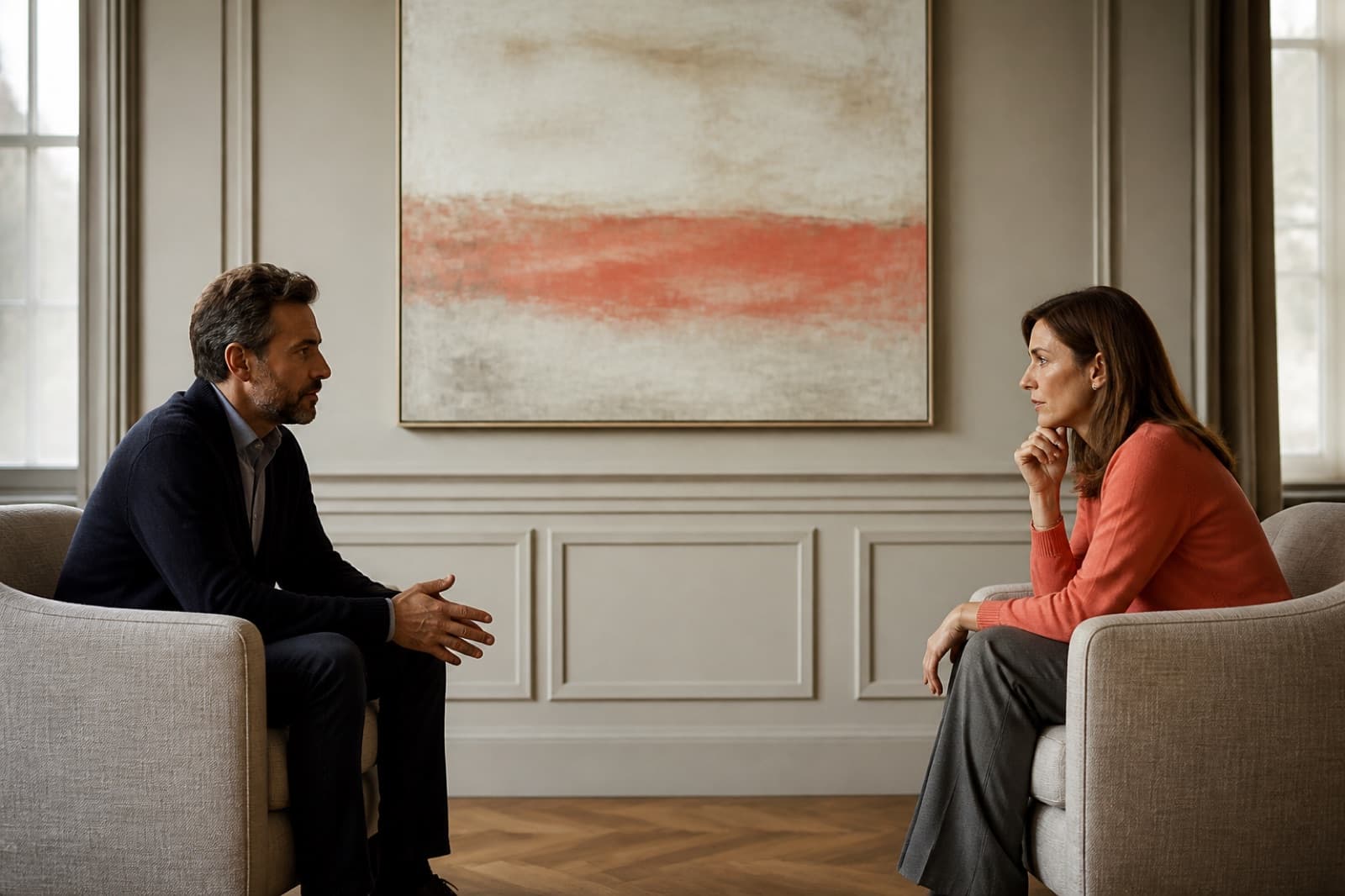 Two people in a focused, private conversation in a calm room