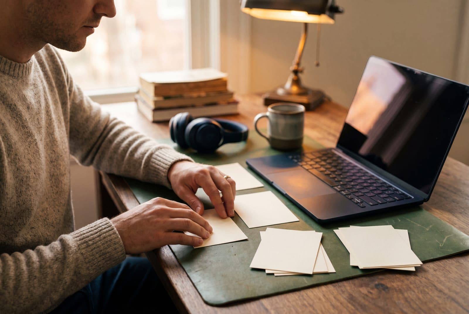 Marketing strategist arranging blank planning cards at a warm desk for staged podcast ROI measurement.
