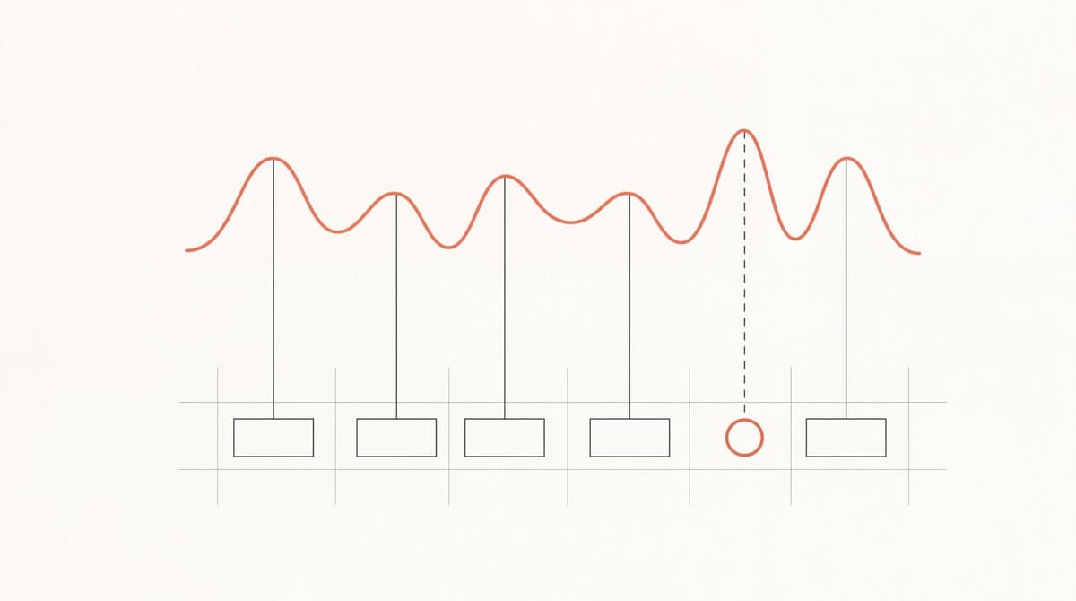 A coral waveform with fine threads dropping from each peak to a row of empty boxes, one thread dashed and ending at nothing