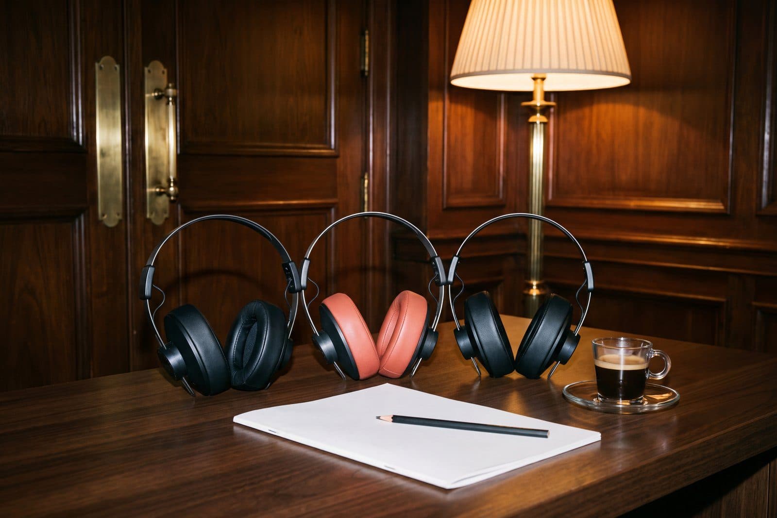 Three pairs of studio headphones in a row on a walnut table, one with coral ear pads, beside a face-down script and a pencil, lit by direct flash