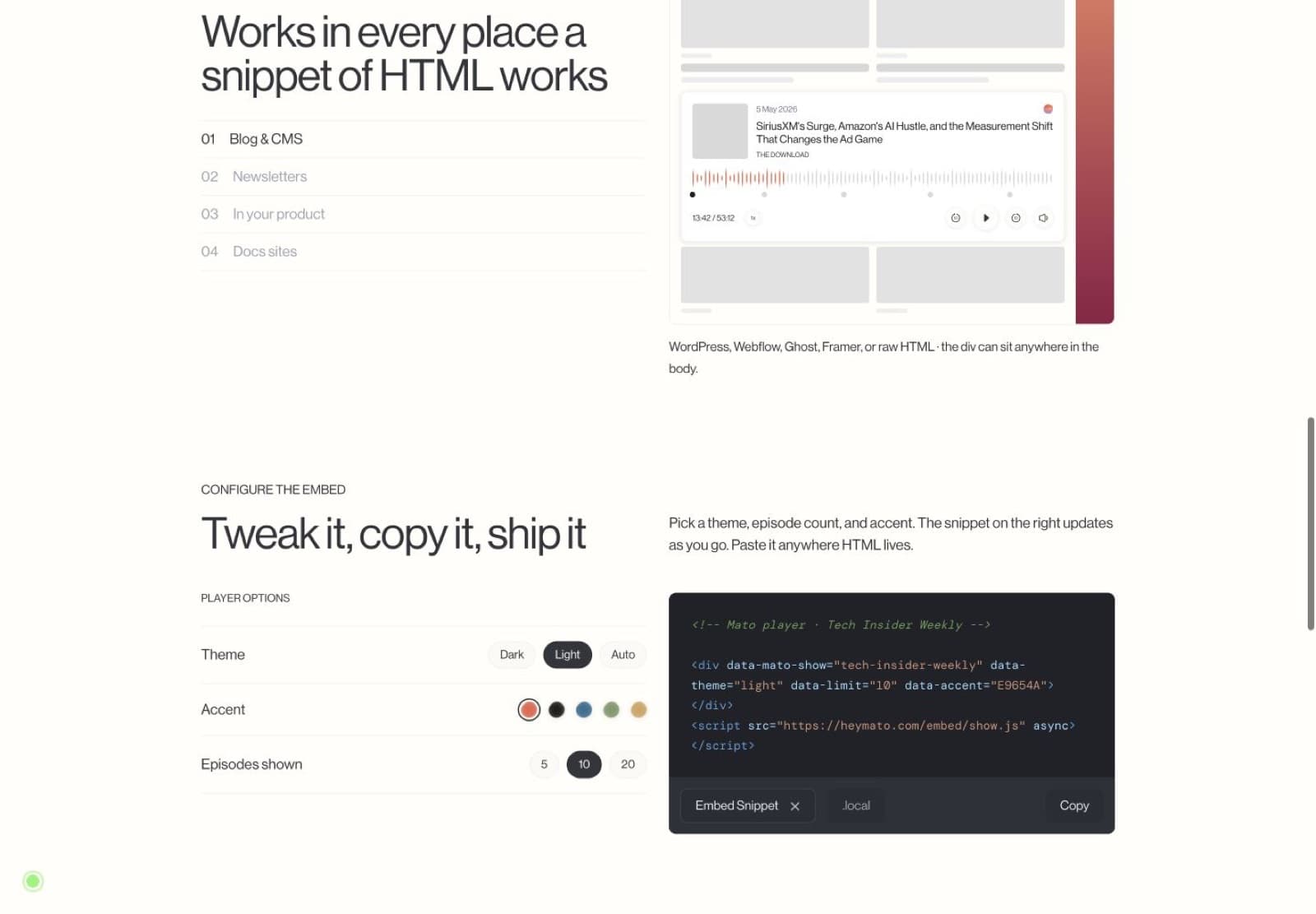 Mato's public embed configurator with theme, accent, episode-count controls, and the generated HTML snippet