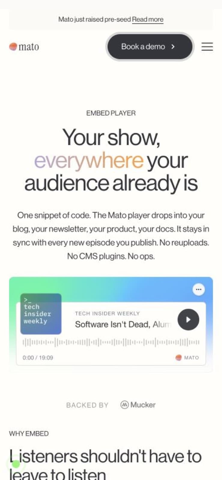 The Mato episode embed inside the responsive public embed-player page at a narrow browser width