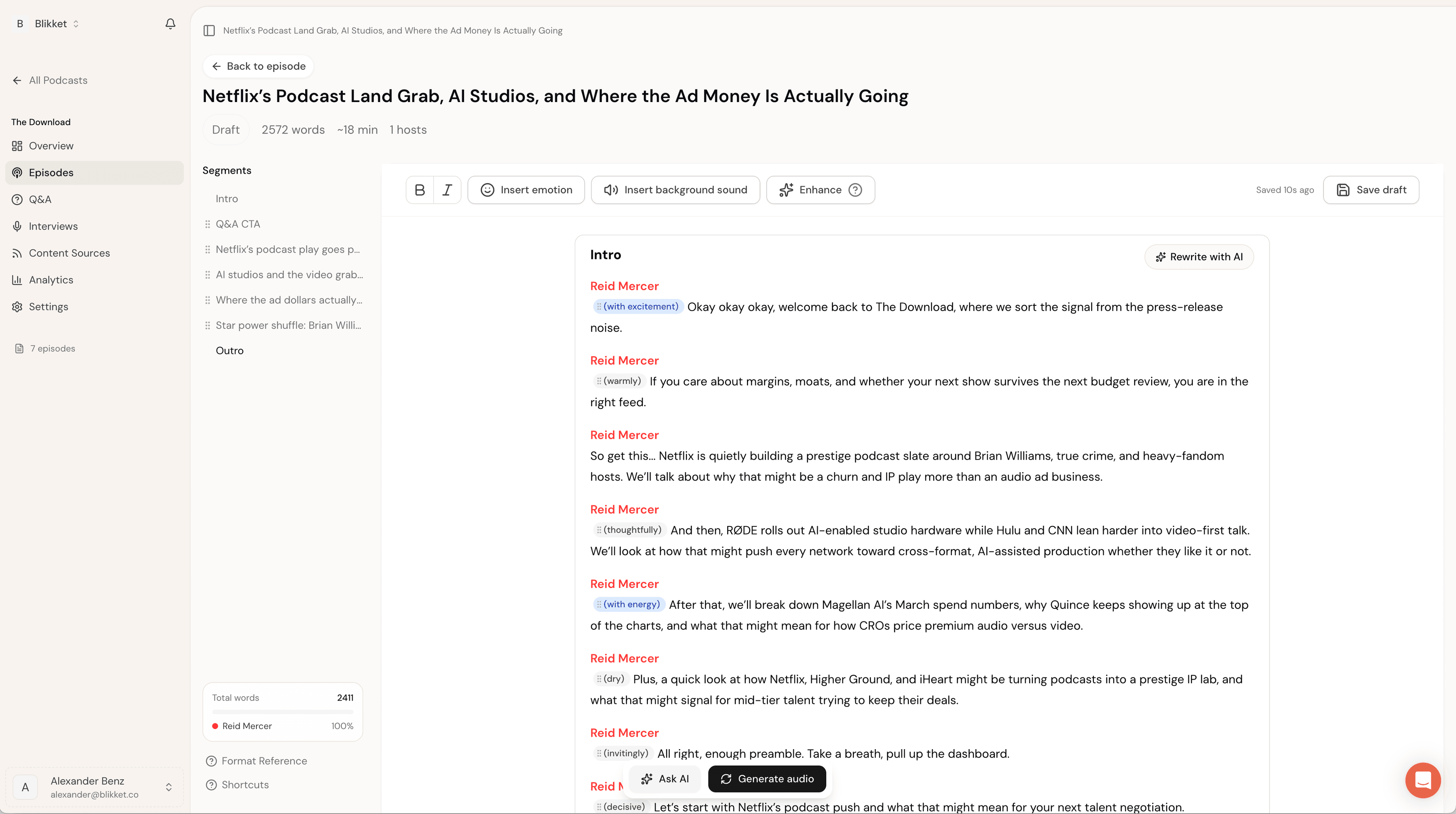 Mato Studio — episode editor with script segments, emotion annotations, and AI rewrite tools