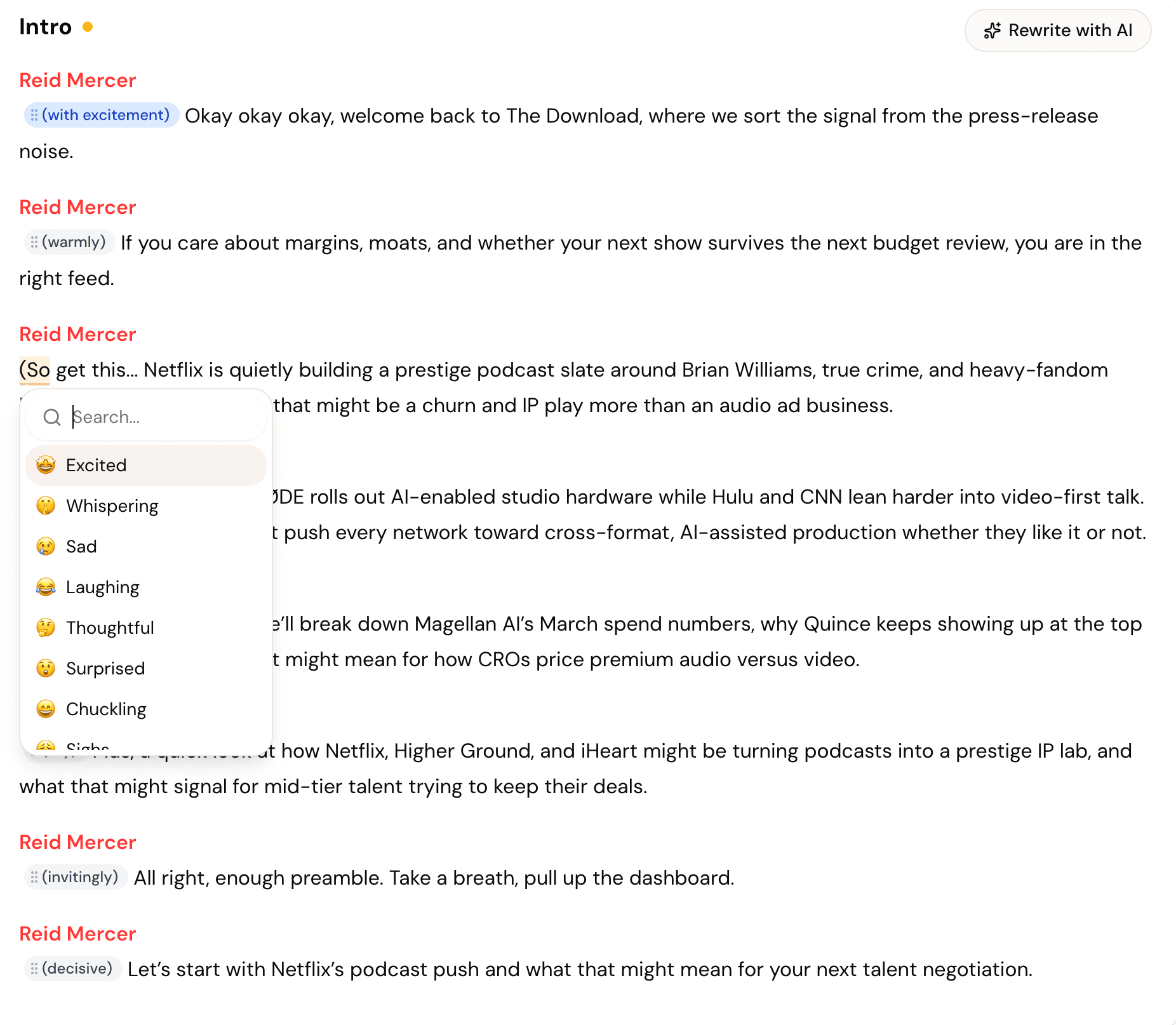 Mato script editor — AI host dialogue with emotion annotations, rewrite suggestions, and inline controls