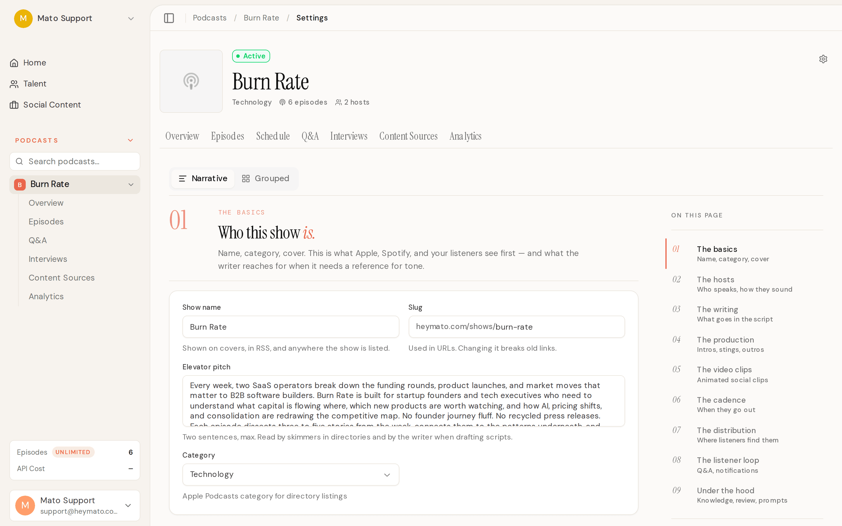 Podcast settings page showing the interview invite form with theme suggestions