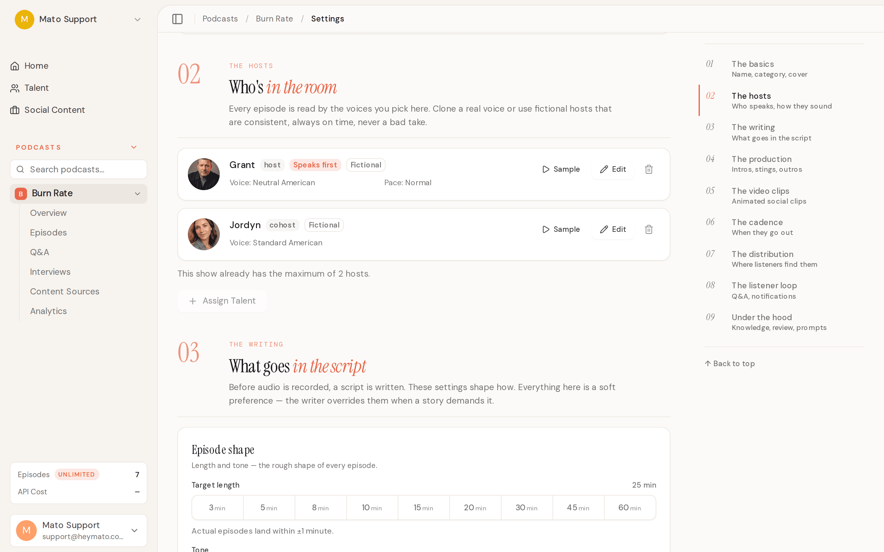 Hosts section showing talent assignment with avatar portraits, voice metadata, and role badges