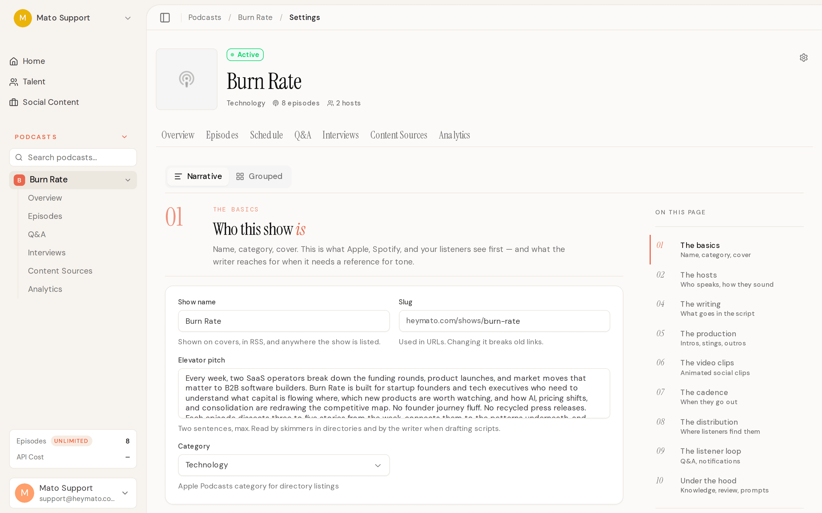 Podcast settings showing the narrative view with section navigation