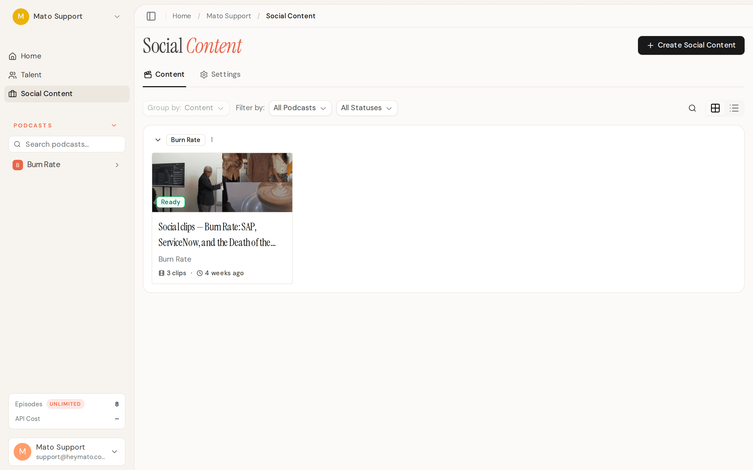 Social content hub with clip batches
