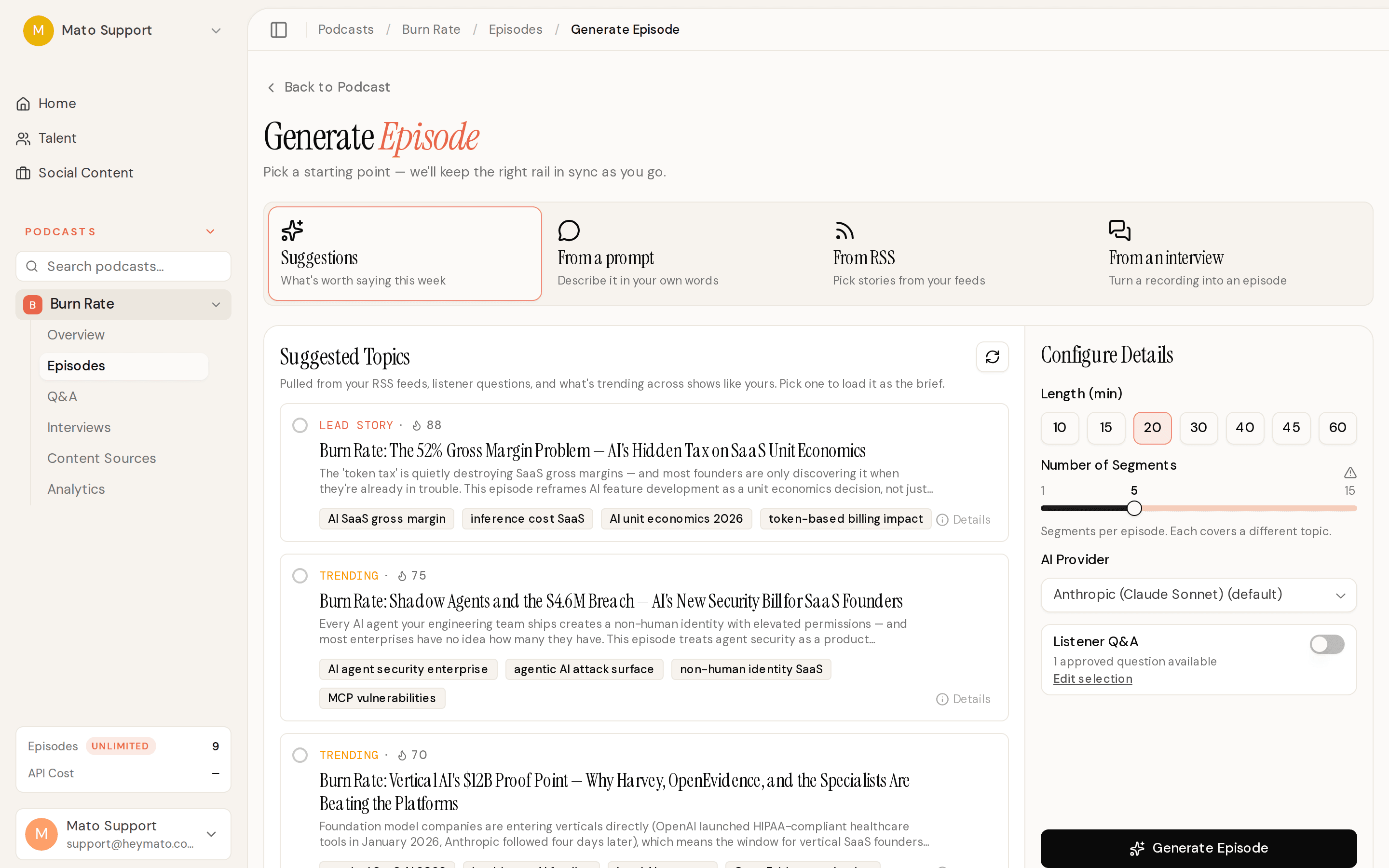 The episode generation page with AI topic suggestions and configuration panel