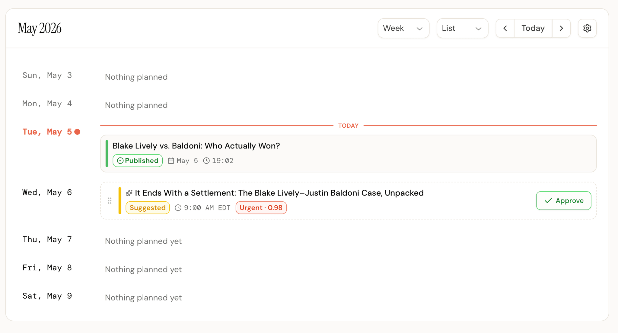The Mato schedule for a week, with a published episode and a suggested one waiting for approval