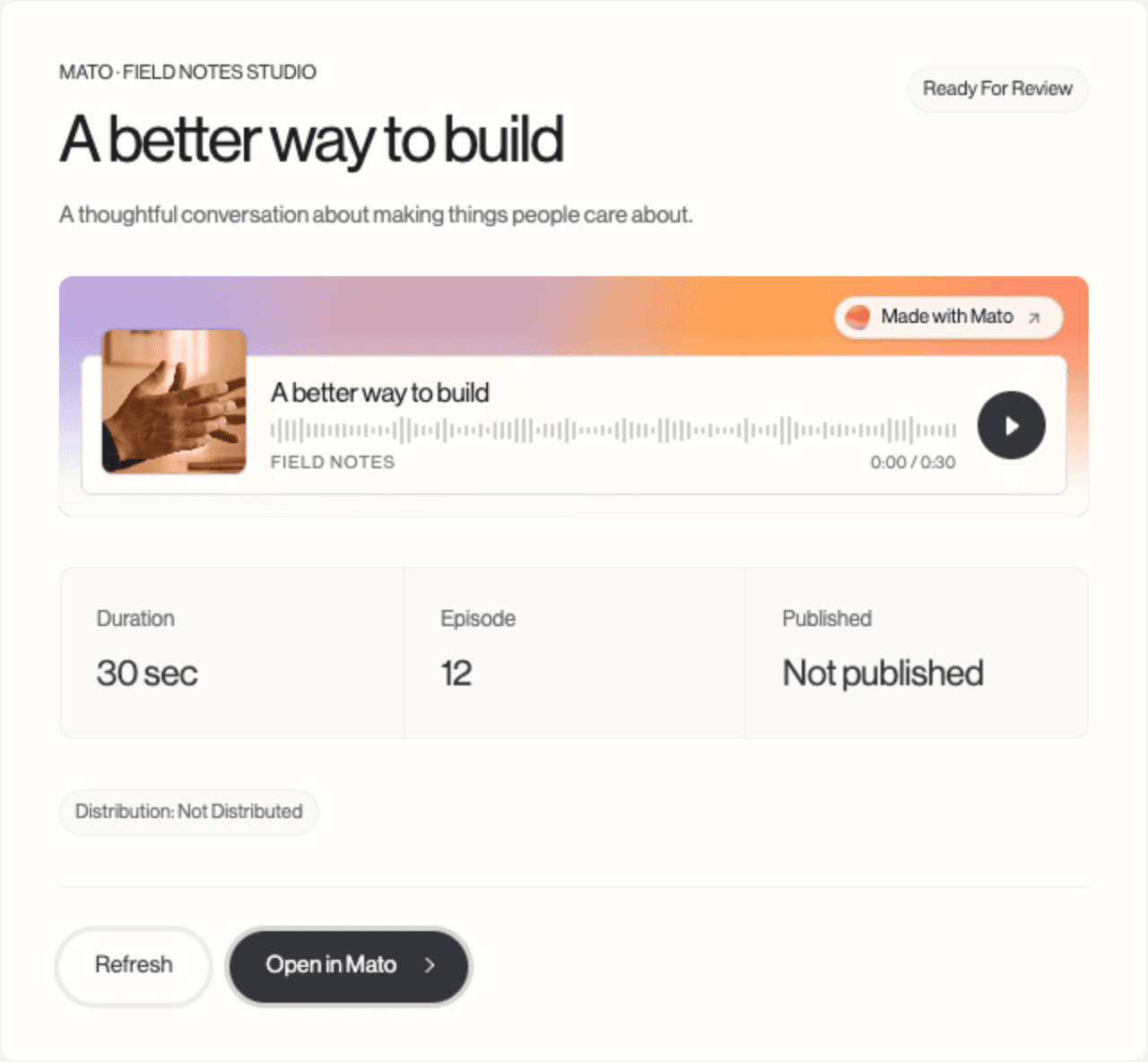 Detail of the Mato episode player with sample audio and review status