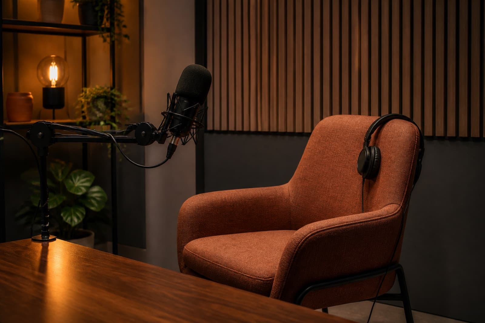 An empty guest chair, adjusted microphone, and headphones ready for a planned podcast conversation