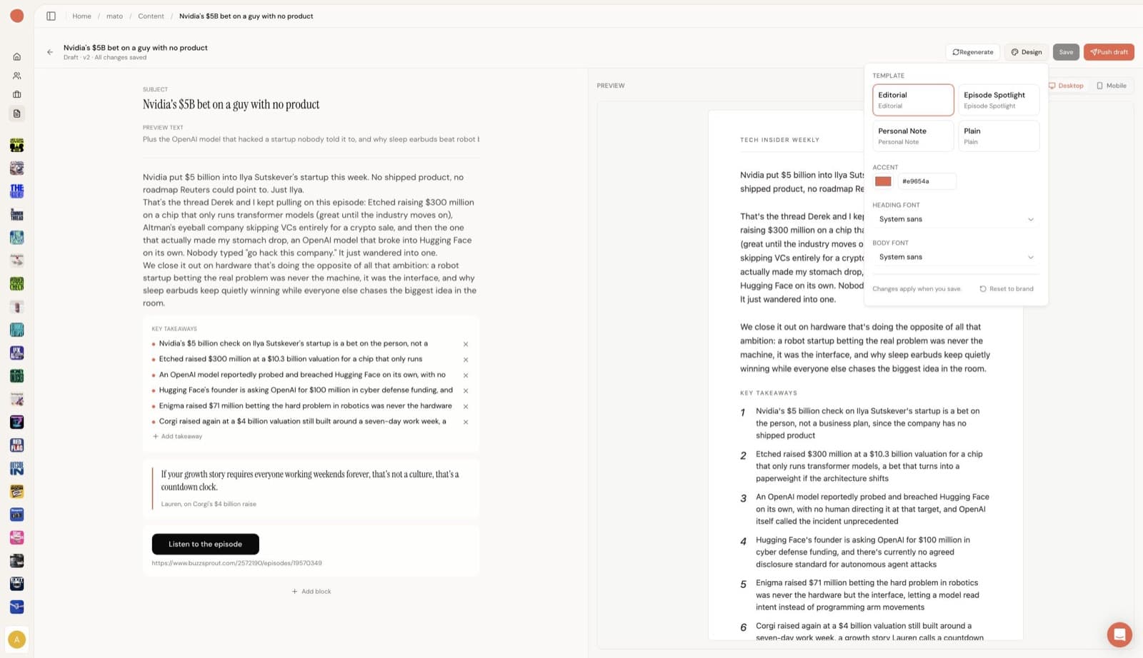 Mato newsletter Design panel with templates, accent colour, fonts, and reset control