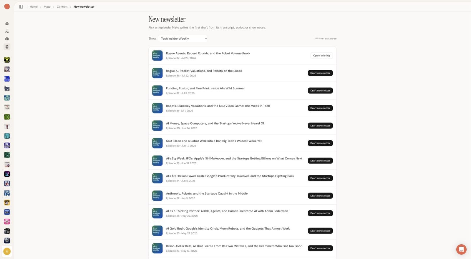 Mato newsletter episode picker showing Tech Insider Weekly and published episodes
