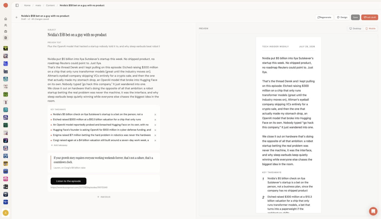 Mobile preview of the Tech Insider Weekly newsletter in Mato