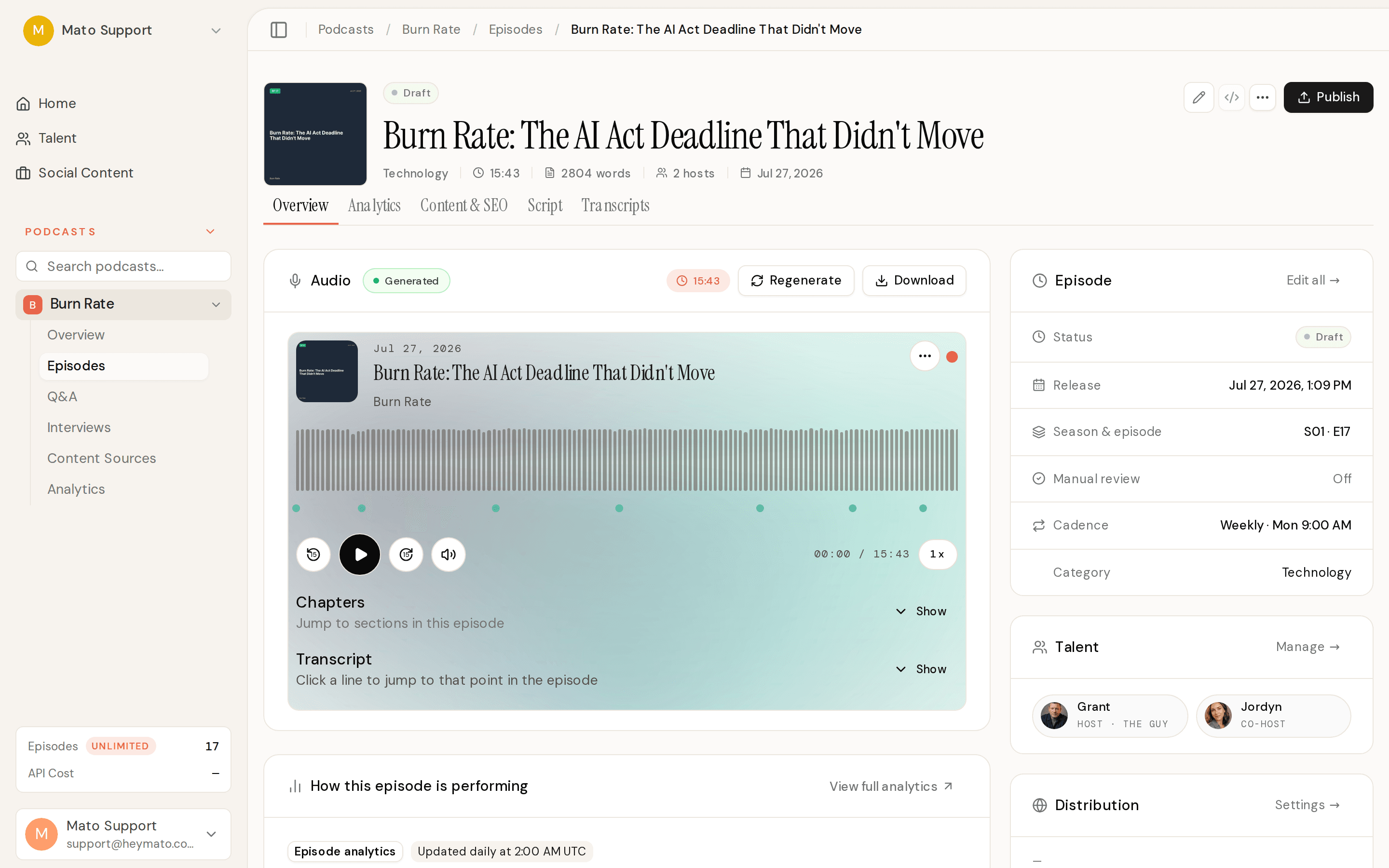 An episode overview page with the audio player, chapter list, and transcript