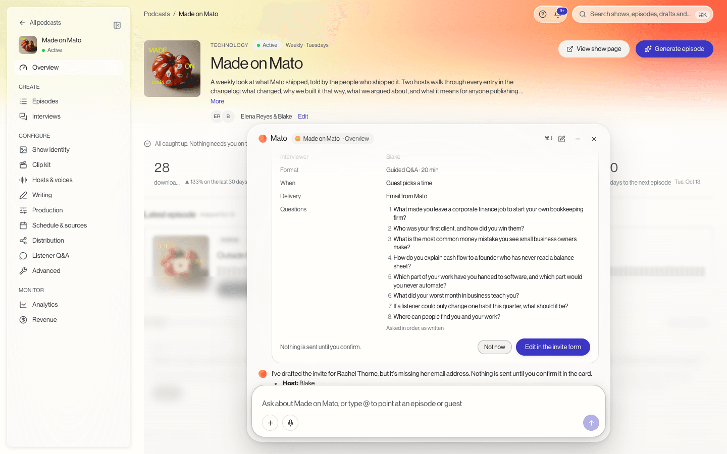 Ask Mato drafting a guided Q&A invite from an attached question document