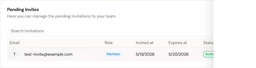 Pending invitations table with status badges