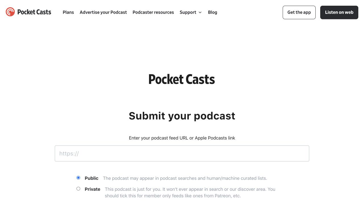 Pocket Casts public podcast submission form
