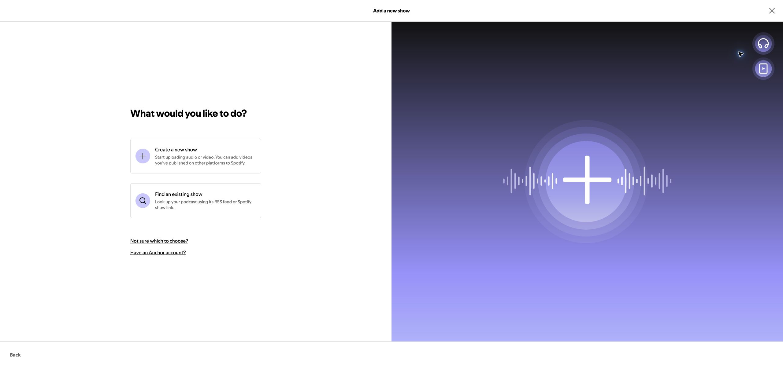 Spotify for Creators Add a new show screen with Find an existing show