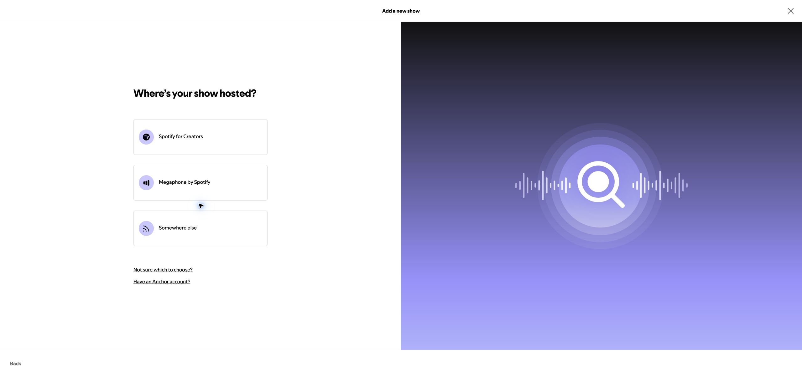 Spotify for Creators hosting choices with Somewhere else