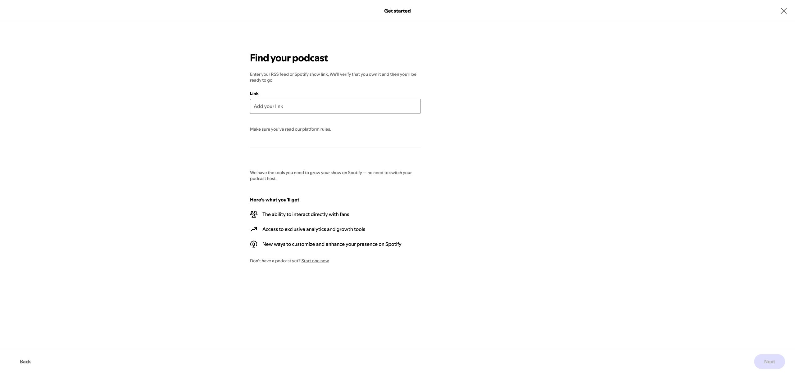 Spotify for Creators Find your podcast form with an empty RSS link field