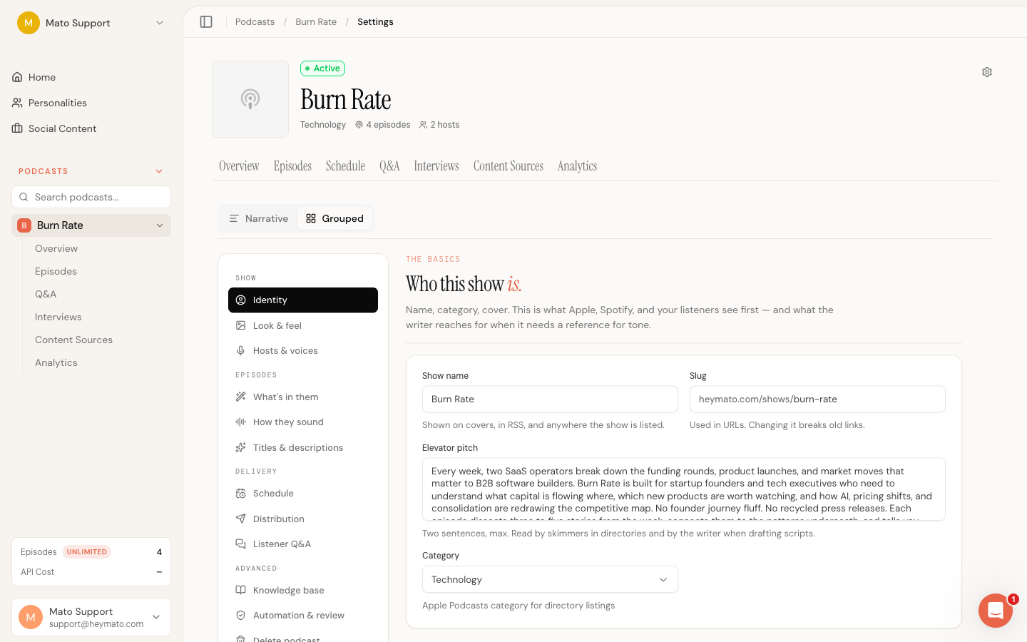 Settings page in Grouped mode showing a sidebar with four groups