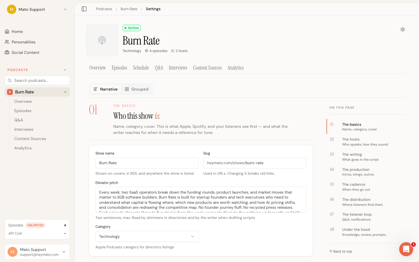 Settings page in Narrative mode showing numbered sections with a sticky table of contents on the right
