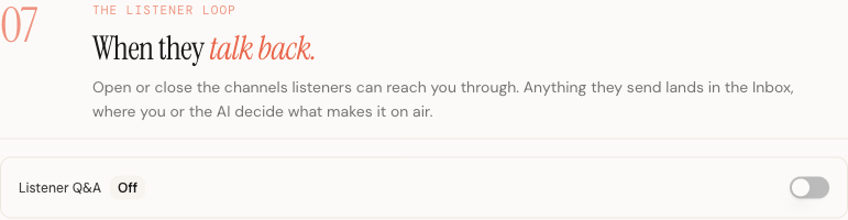 The Listener Q&A toggle in the settings page