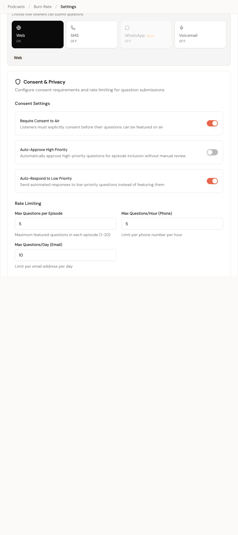 Channel grid showing Web, SMS, WhatsApp, and Voicemail cards