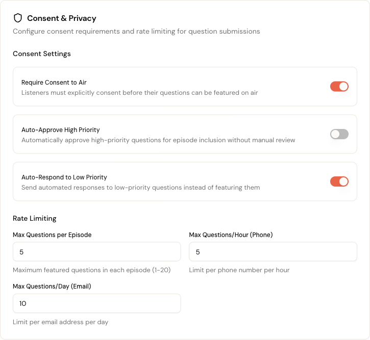 Consent and moderation toggles