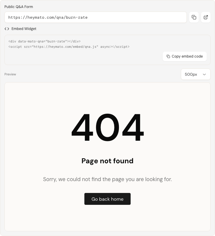 Embed widget code block with copy button and live preview