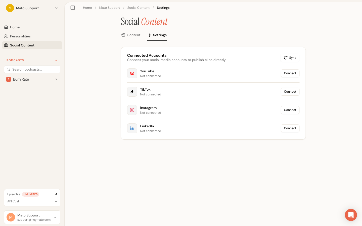 Social Content settings page showing connected accounts