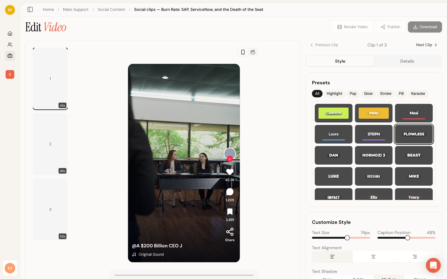 Batch editor layout with filmstrip, preview, and style panel