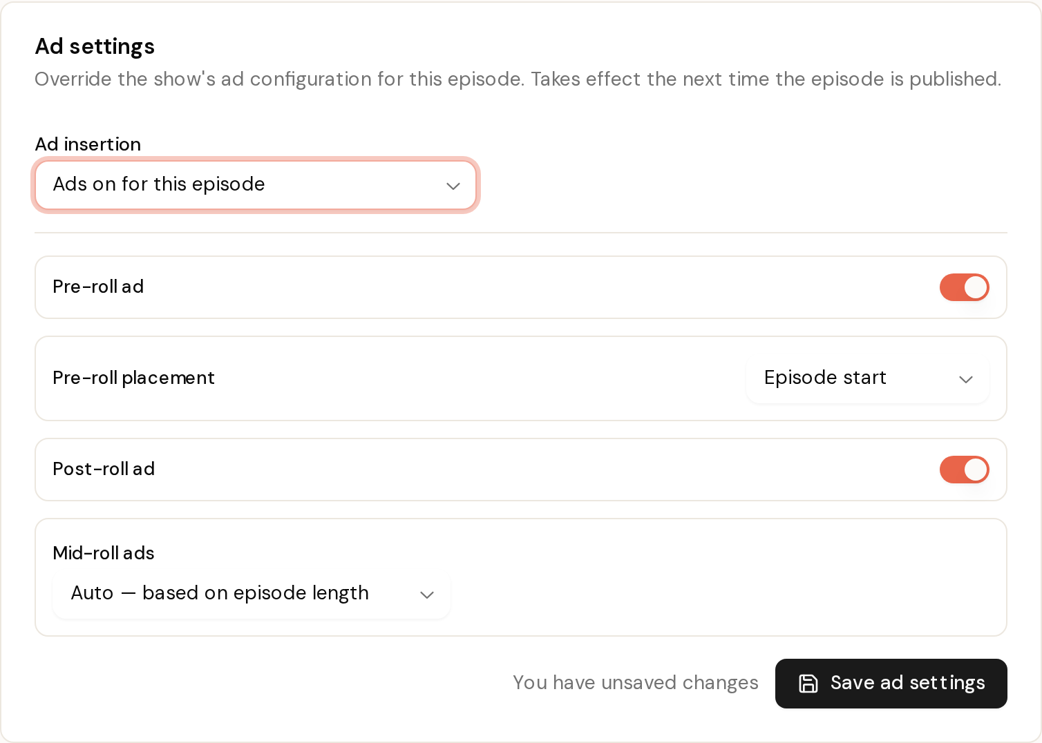 The episode ad settings card set to ads on for this episode, showing pre-roll placement and mid-roll options