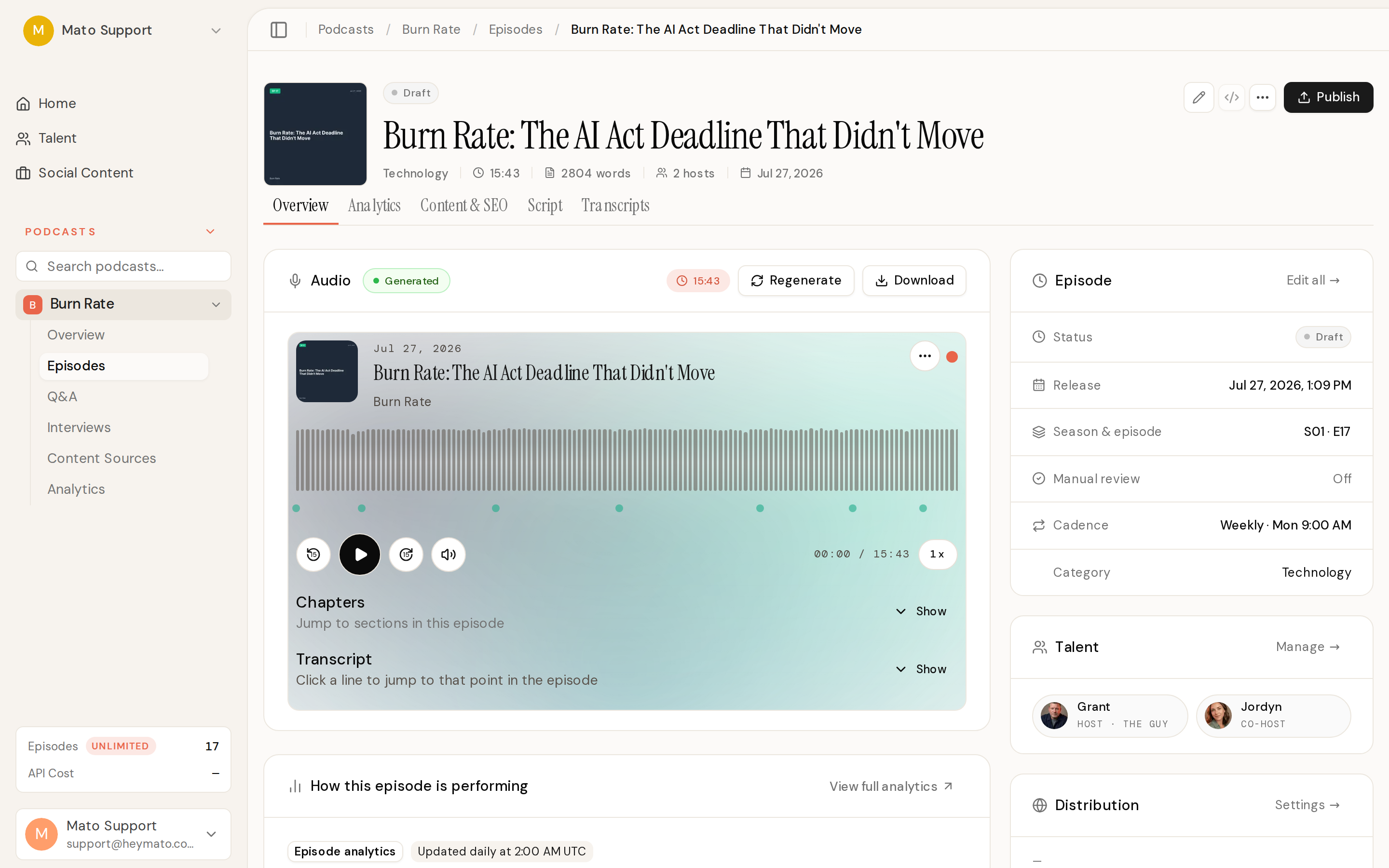 An episode overview page with the audio player, chapter list, and transcript